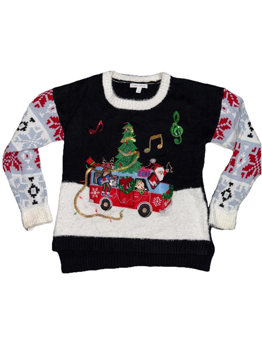 Womens sparkly holiday sweater music notes Size L Christmas Music Teacher bells